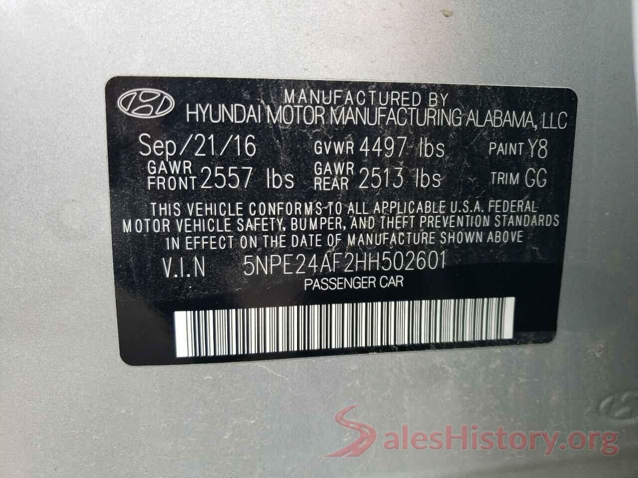 5NPE24AF2HH502601 2017 HYUNDAI SONATA