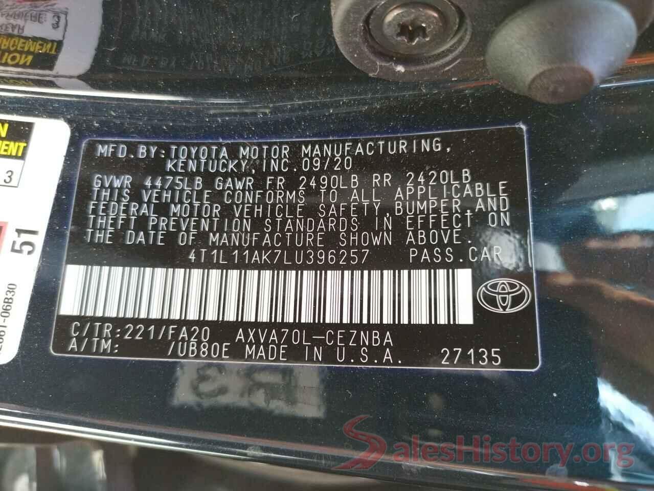 4T1L11AK7LU396257 2020 TOYOTA CAMRY