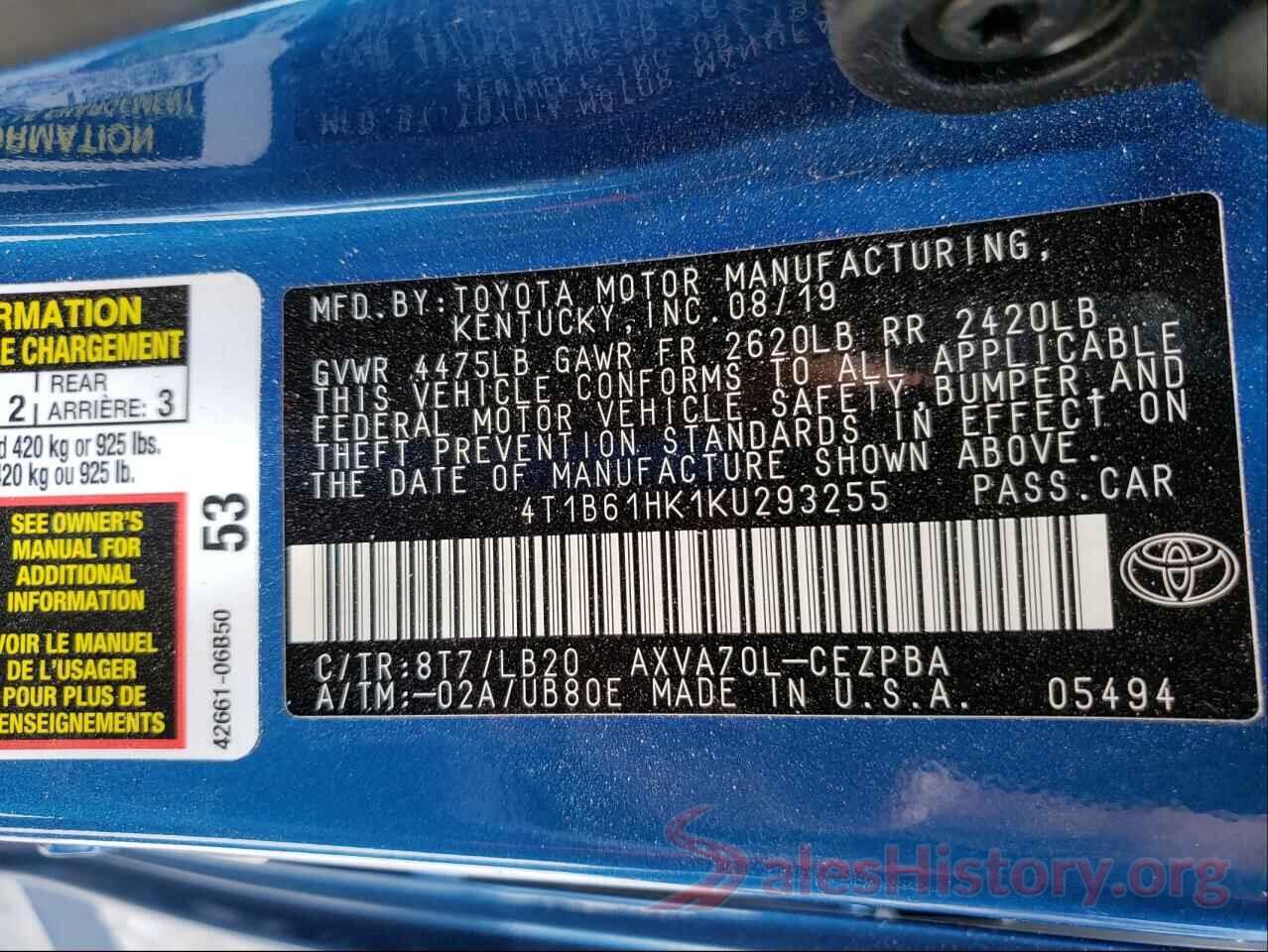 4T1B61HK1KU293255 2019 TOYOTA CAMRY