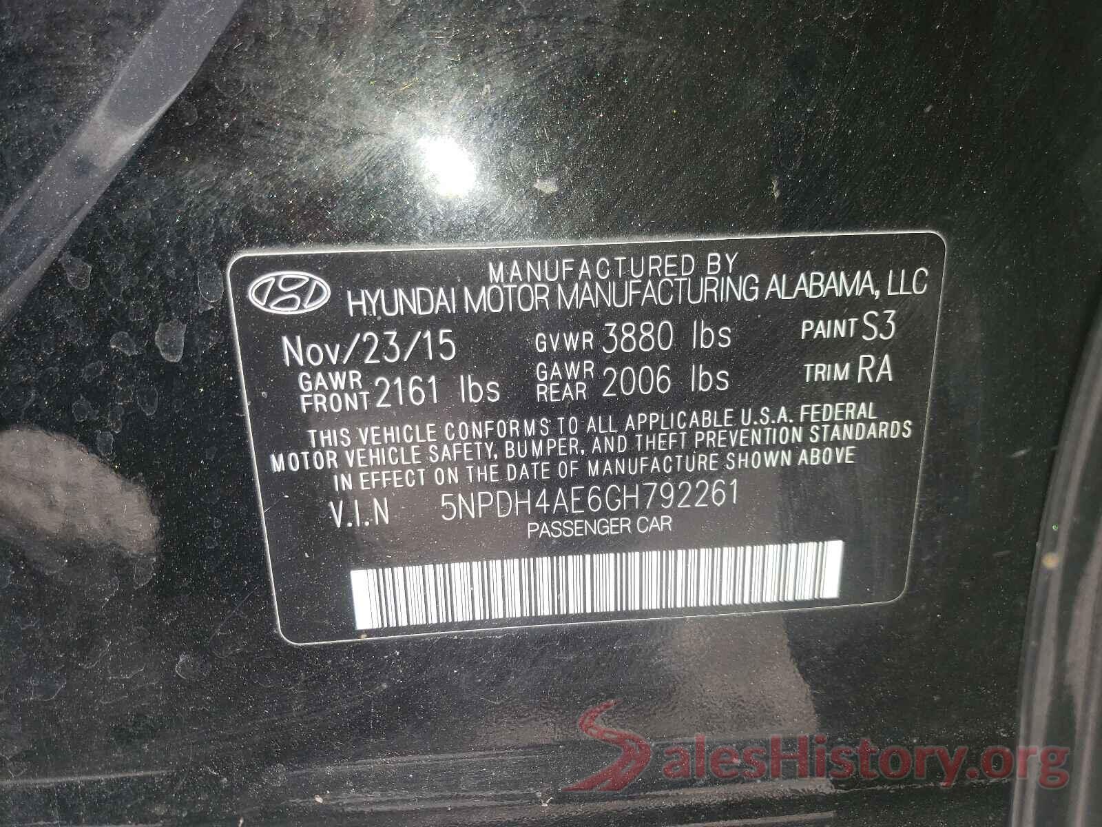 5NPDH4AE6GH792261 2016 HYUNDAI ELANTRA