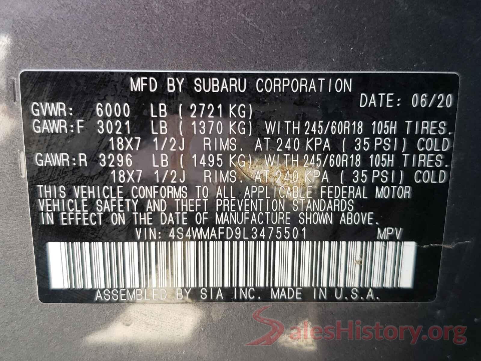 4S4WMAFD9L3475501 2020 SUBARU ALL MODELS