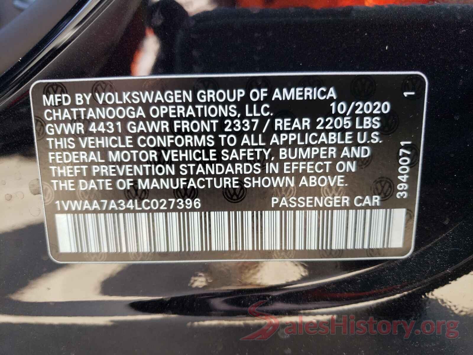 1VWAA7A34LC027396 2020 VOLKSWAGEN PASSAT