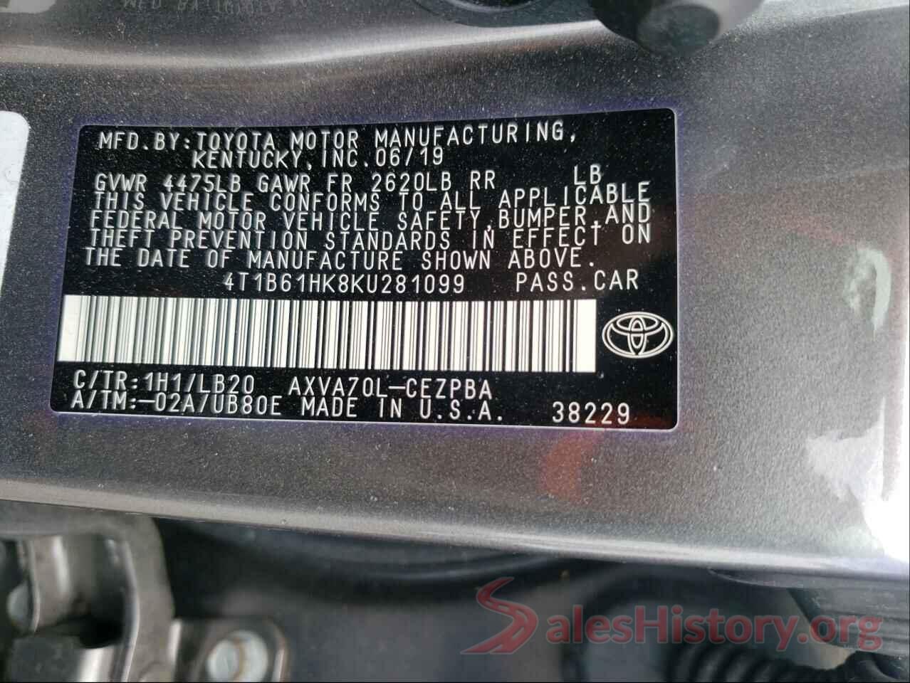 4T1B61HK8KU281099 2019 TOYOTA CAMRY