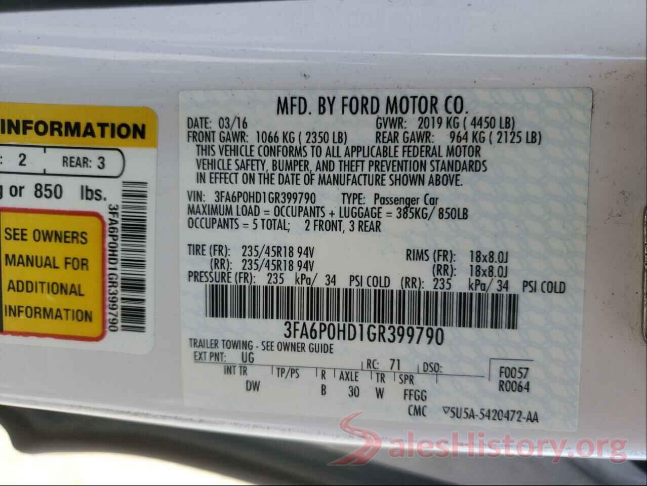 3FA6P0HD1GR399790 2016 FORD FUSION