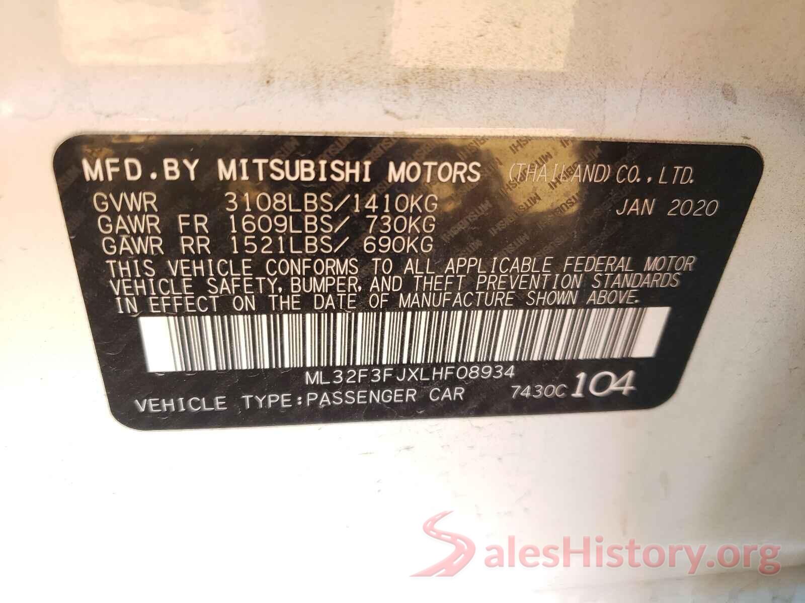 ML32F3FJXLHF08934 2020 MITSUBISHI MIRAGE