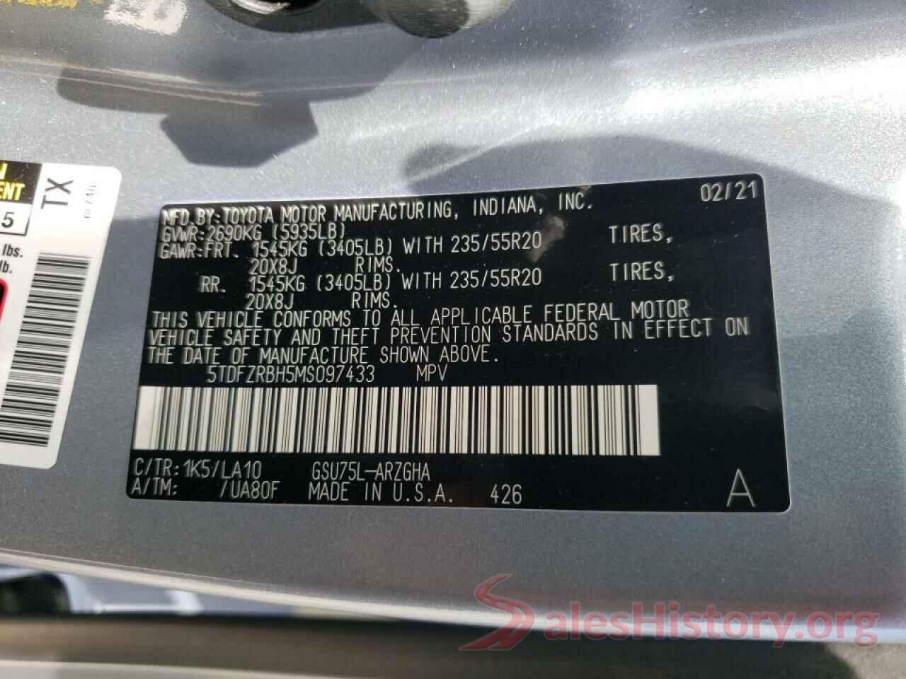 5TDFZRBH5MS097433 2021 TOYOTA HIGHLANDER