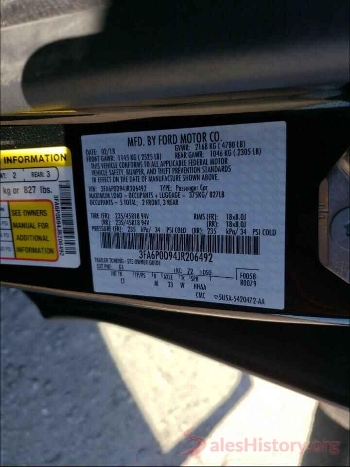 3FA6P0D94JR206492 2018 FORD FUSION