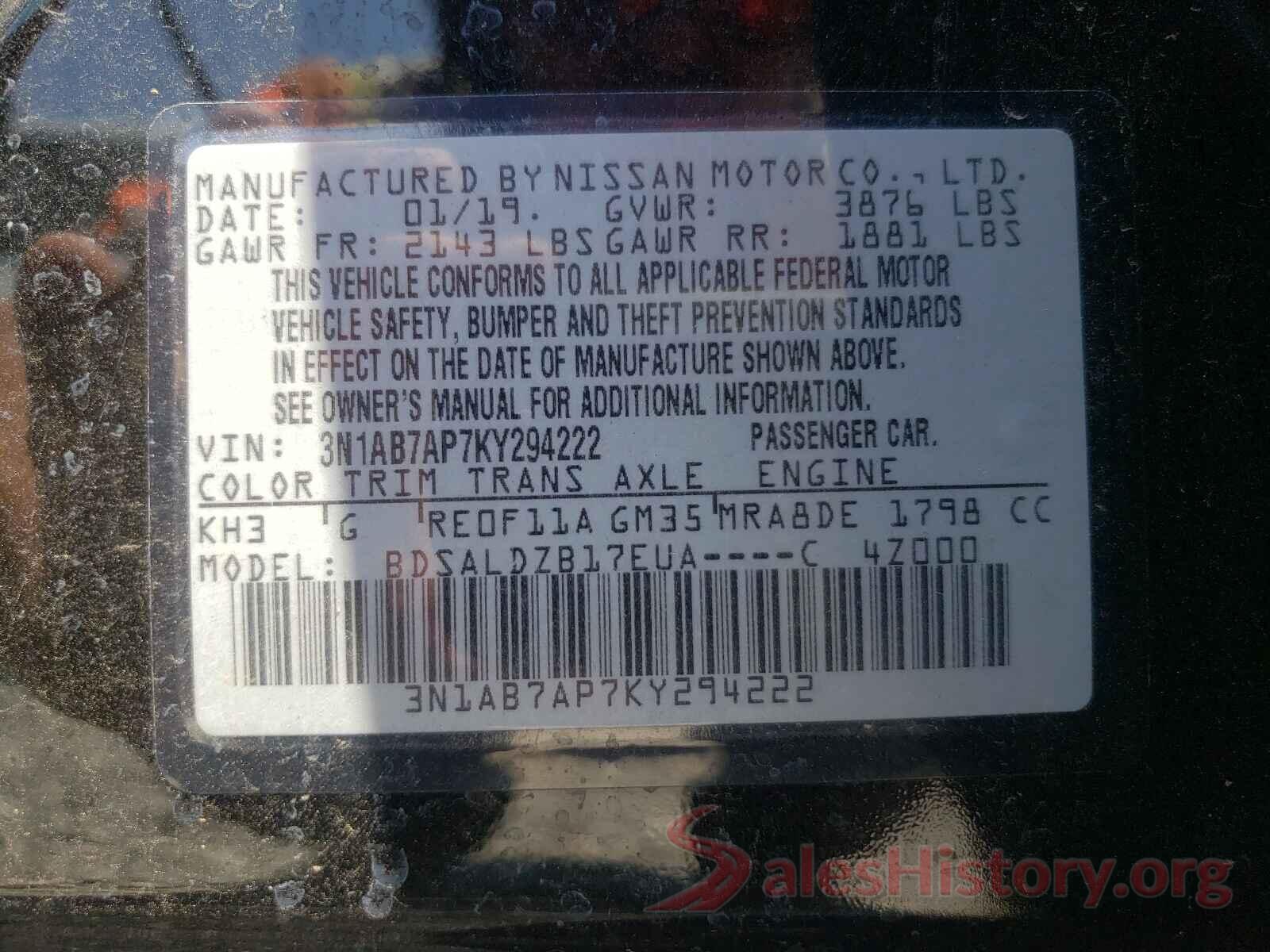 3N1AB7AP7KY294222 2019 NISSAN SENTRA