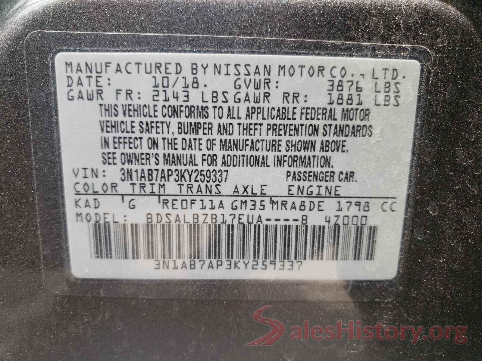 3N1AB7AP3KY259337 2019 NISSAN SENTRA