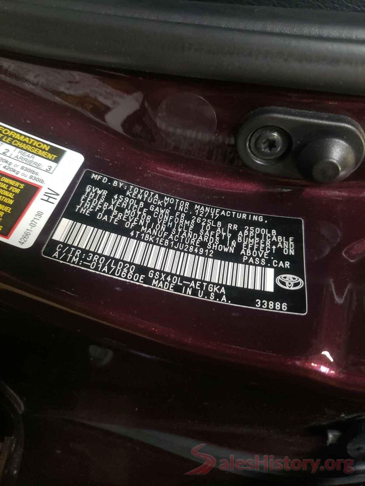 4T1BK1EB1JU284912 2018 TOYOTA AVALON