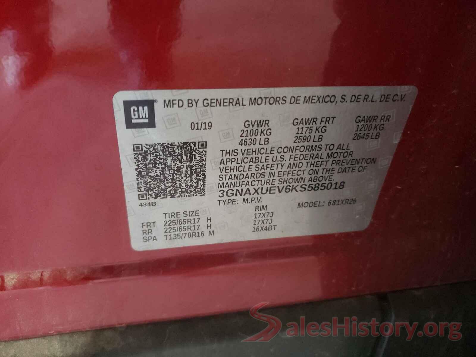 3GNAXUEV6KS585018 2019 CHEVROLET EQUINOX