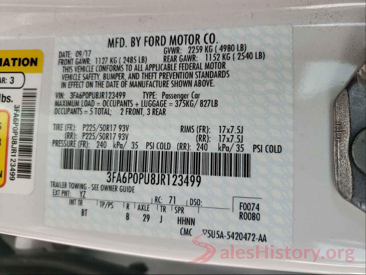 3FA6P0PU8JR123499 2018 FORD FUSION