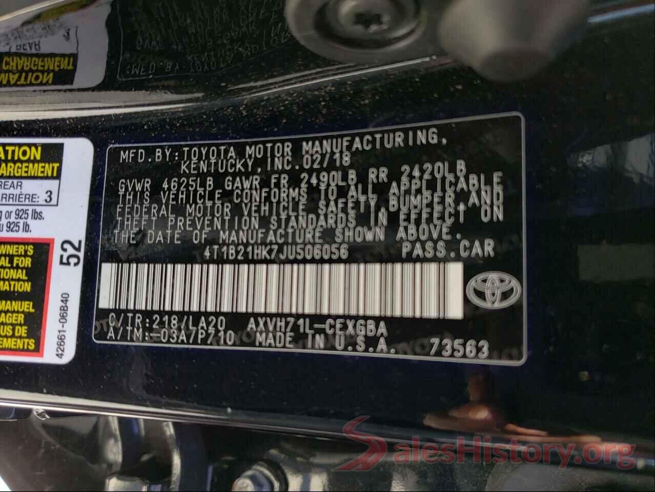 4T1B21HK7JU506056 2018 TOYOTA CAMRY