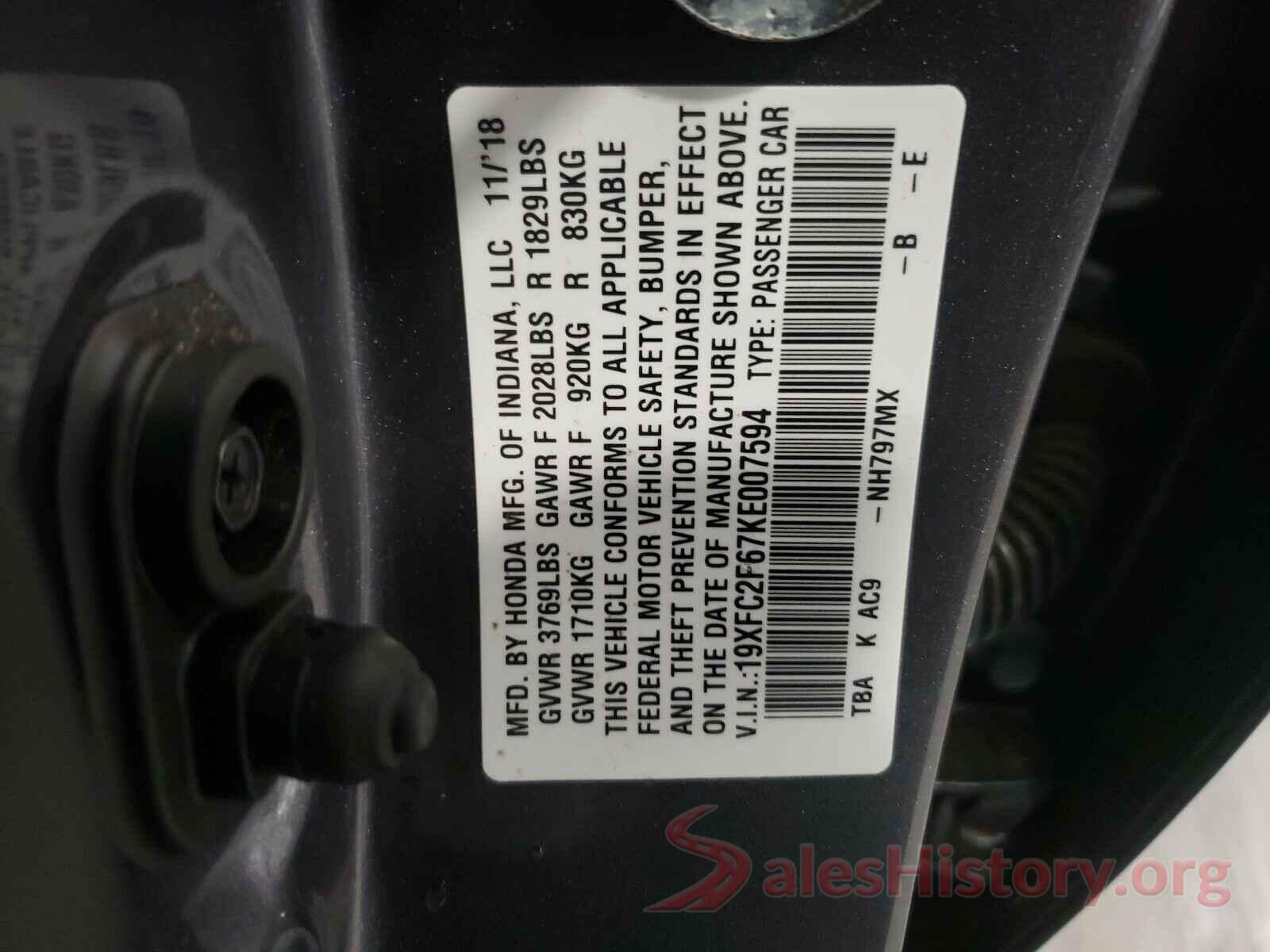 19XFC2F67KE007594 2019 HONDA CIVIC