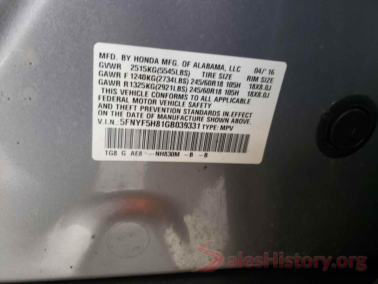 5FNYF5H81GB039331 2016 HONDA PILOT