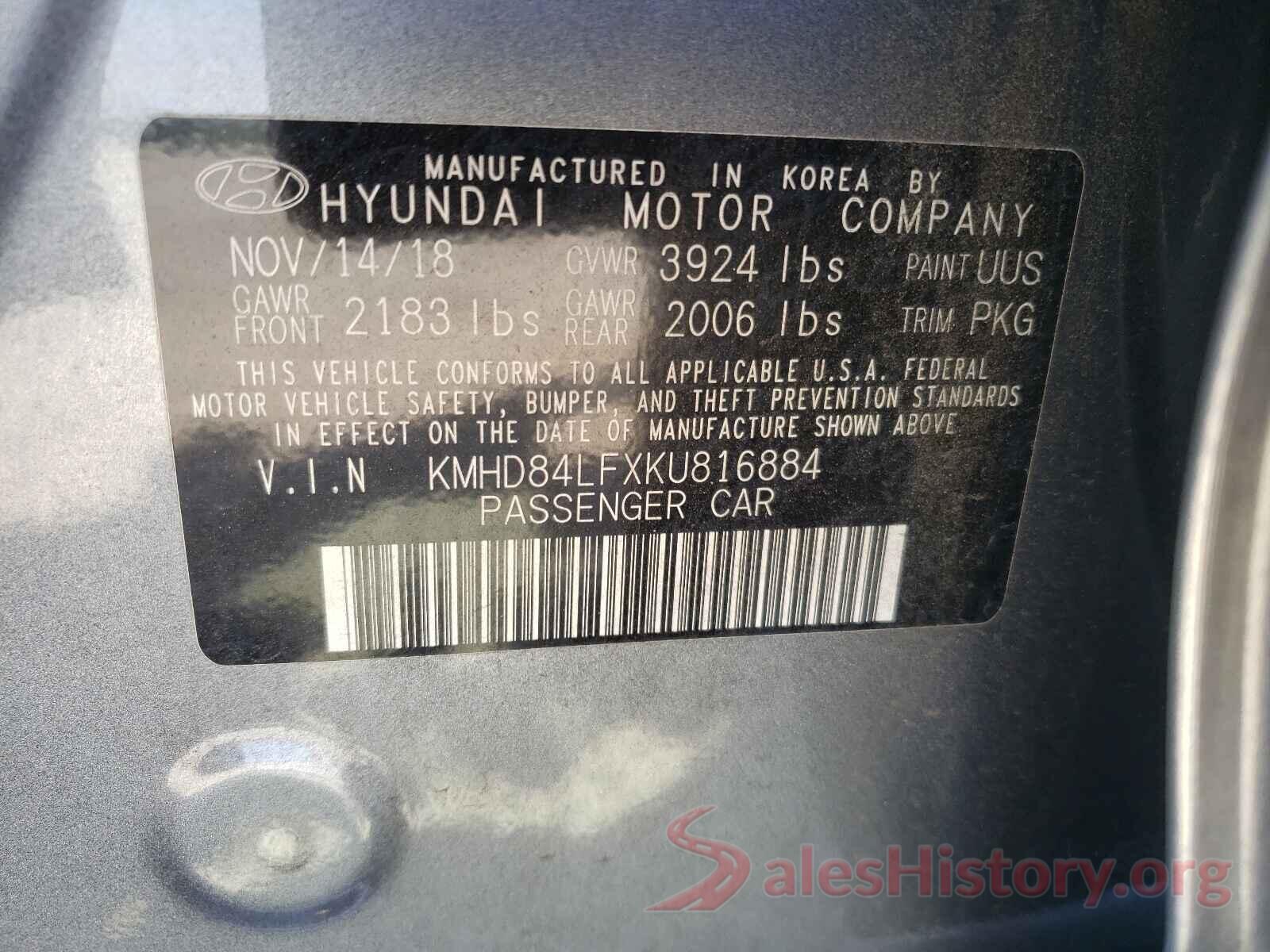 KMHD84LFXKU816884 2019 HYUNDAI ELANTRA