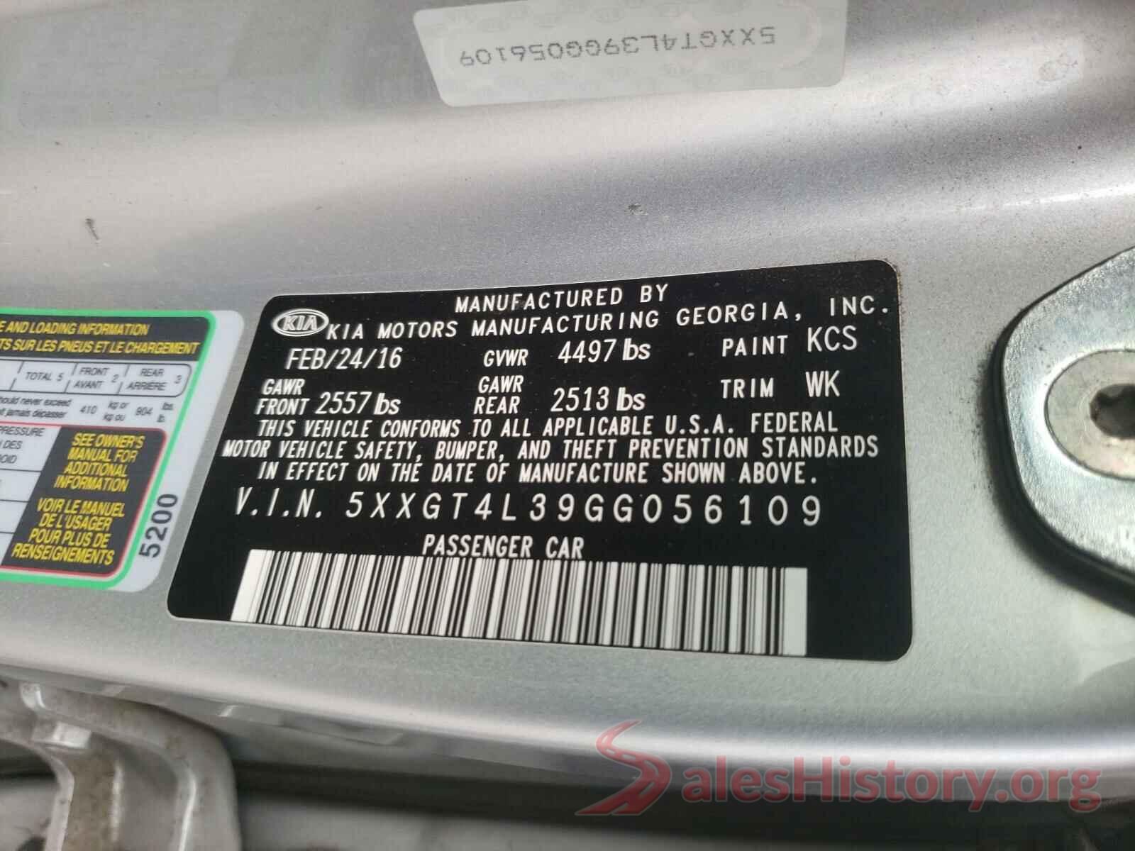 5XXGT4L39GG056109 2016 KIA OPTIMA