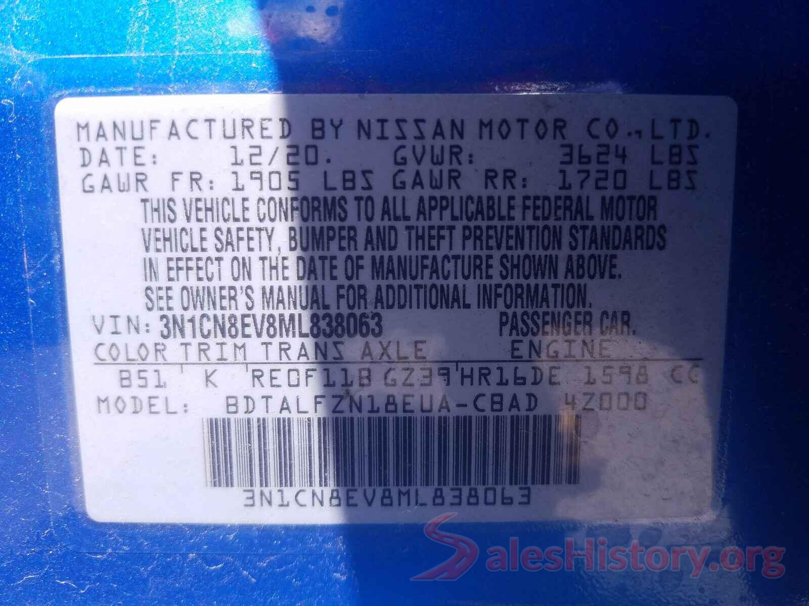 3N1CN8EV8ML838063 2021 NISSAN VERSA