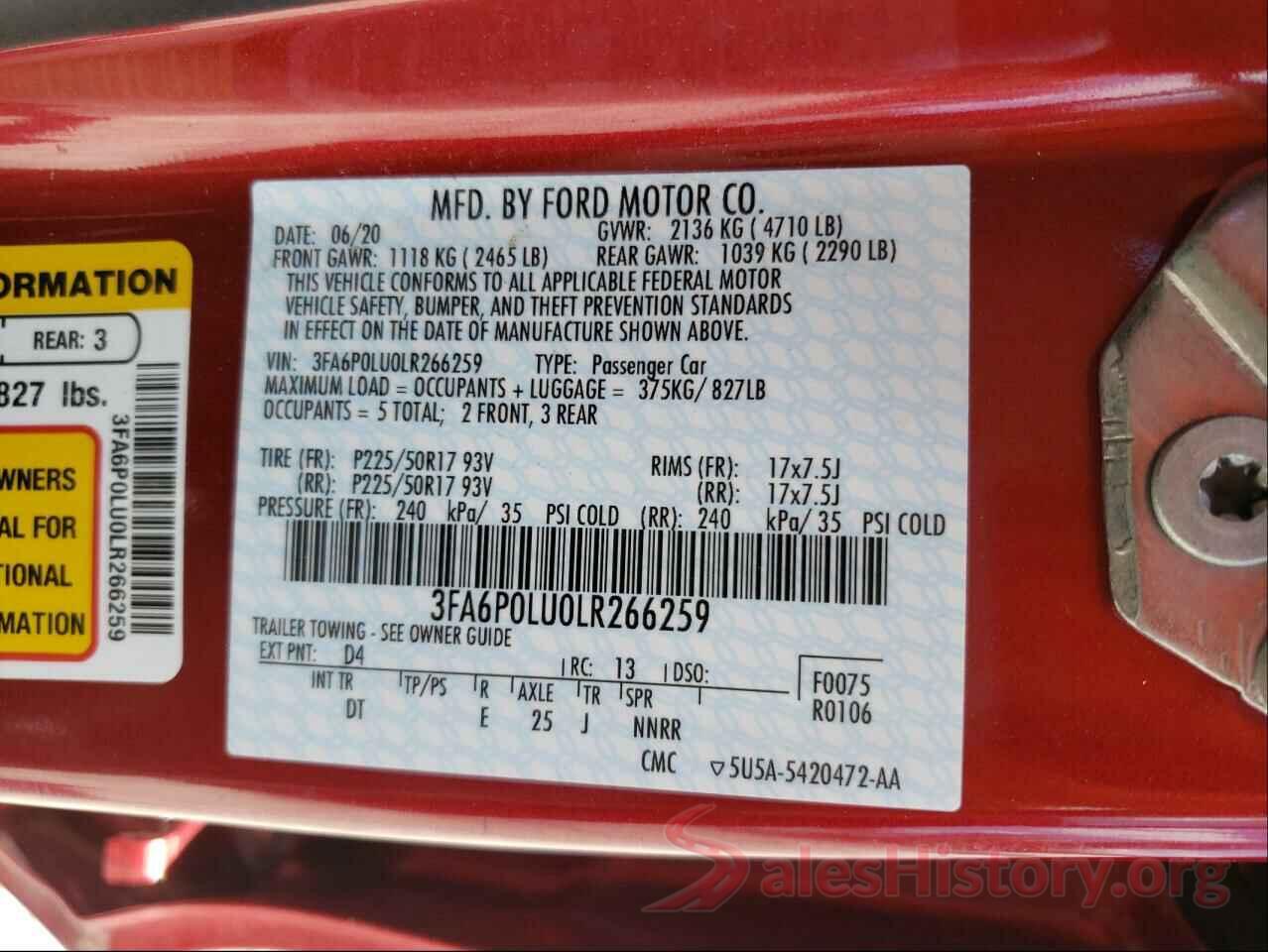 3FA6P0LU0LR266259 2020 FORD FUSION