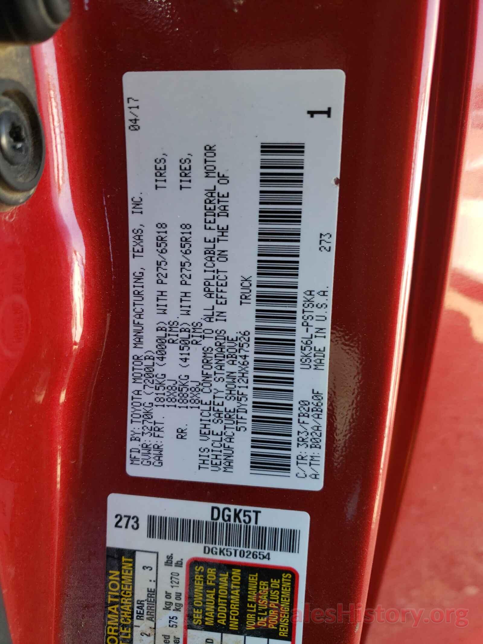 5TFDY5F12HX647526 2017 TOYOTA TUNDRA