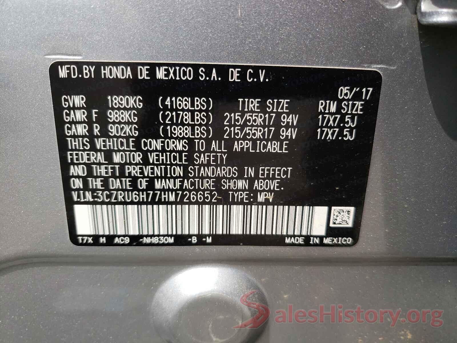 3CZRU6H77HM726652 2017 HONDA HR-V