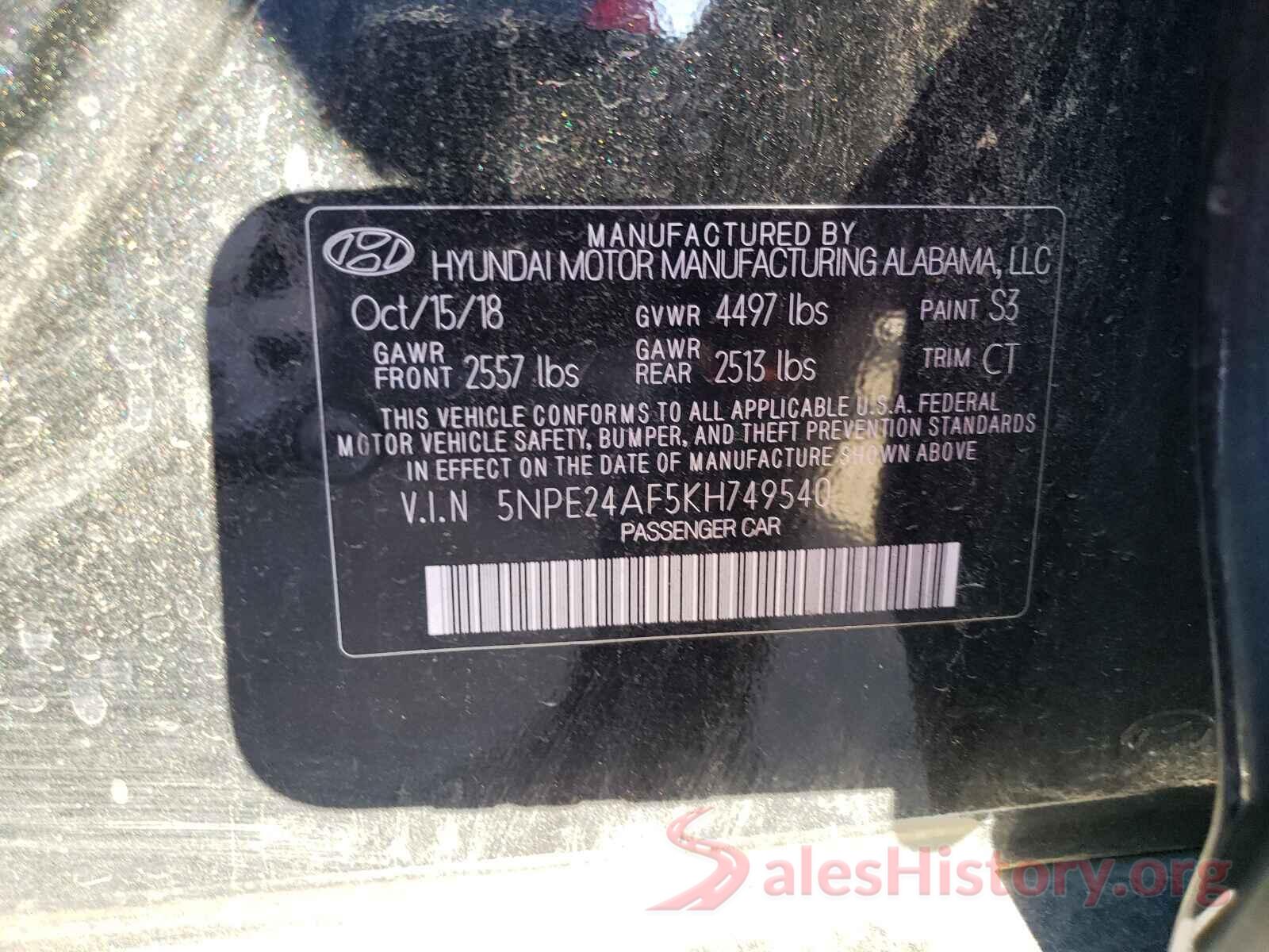 5NPE24AF5KH749540 2019 HYUNDAI SONATA