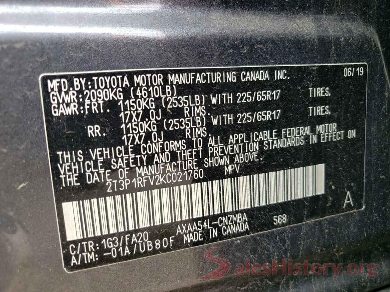 2T3P1RFV2KC021760 2019 TOYOTA RAV4