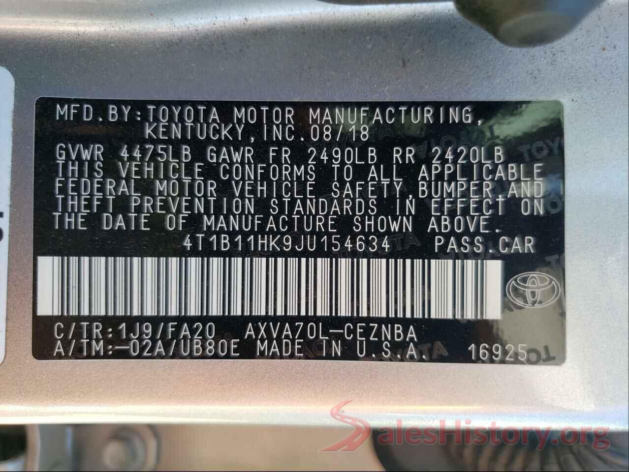 4T1B11HK9JU154634 2018 TOYOTA CAMRY