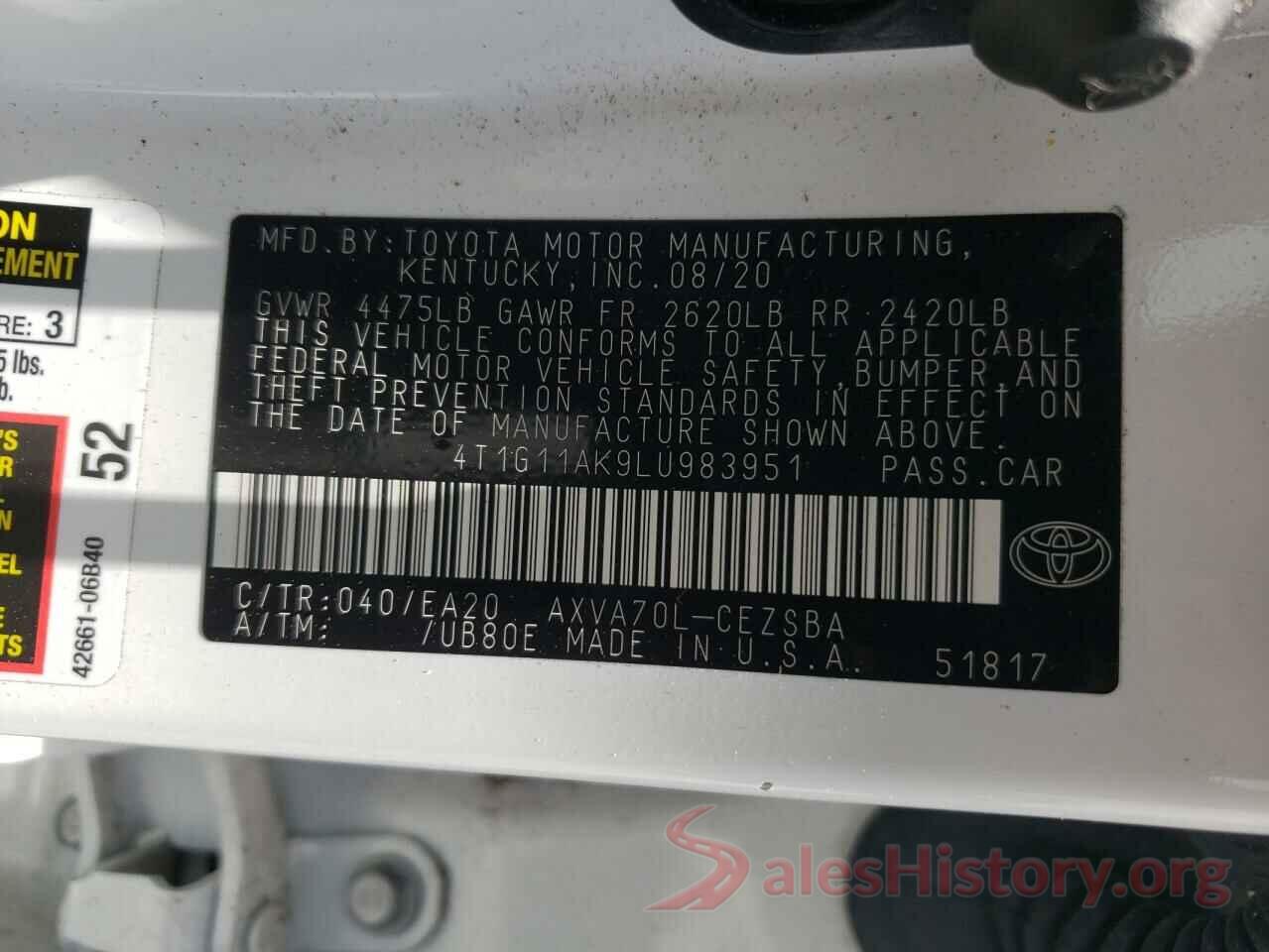 4T1G11AK9LU983951 2020 TOYOTA CAMRY