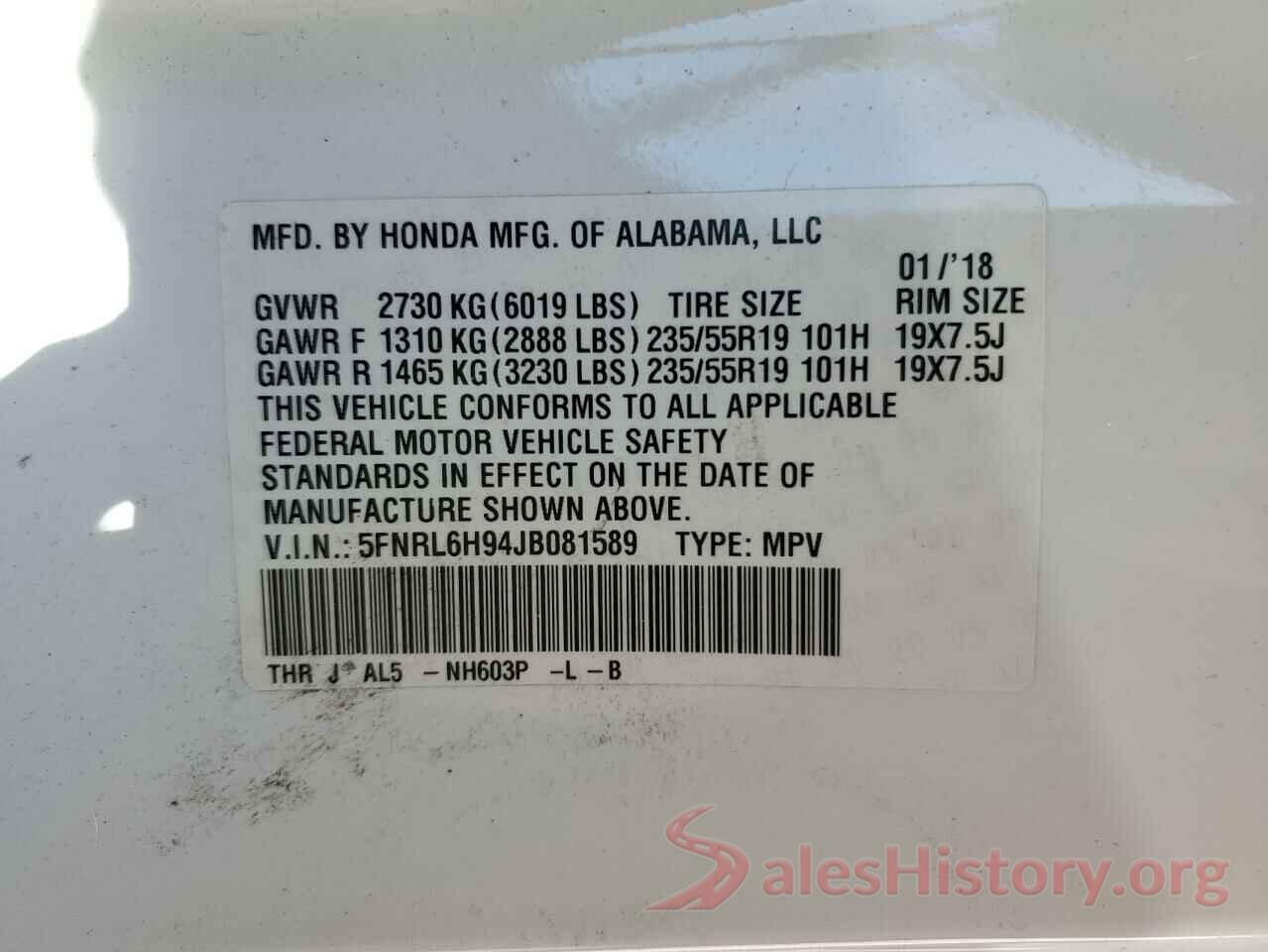 5FNRL6H94JB081589 2018 HONDA ODYSSEY