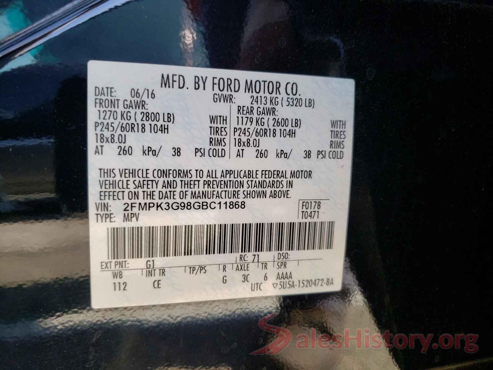 2FMPK3G98GBC11868 2016 FORD EDGE