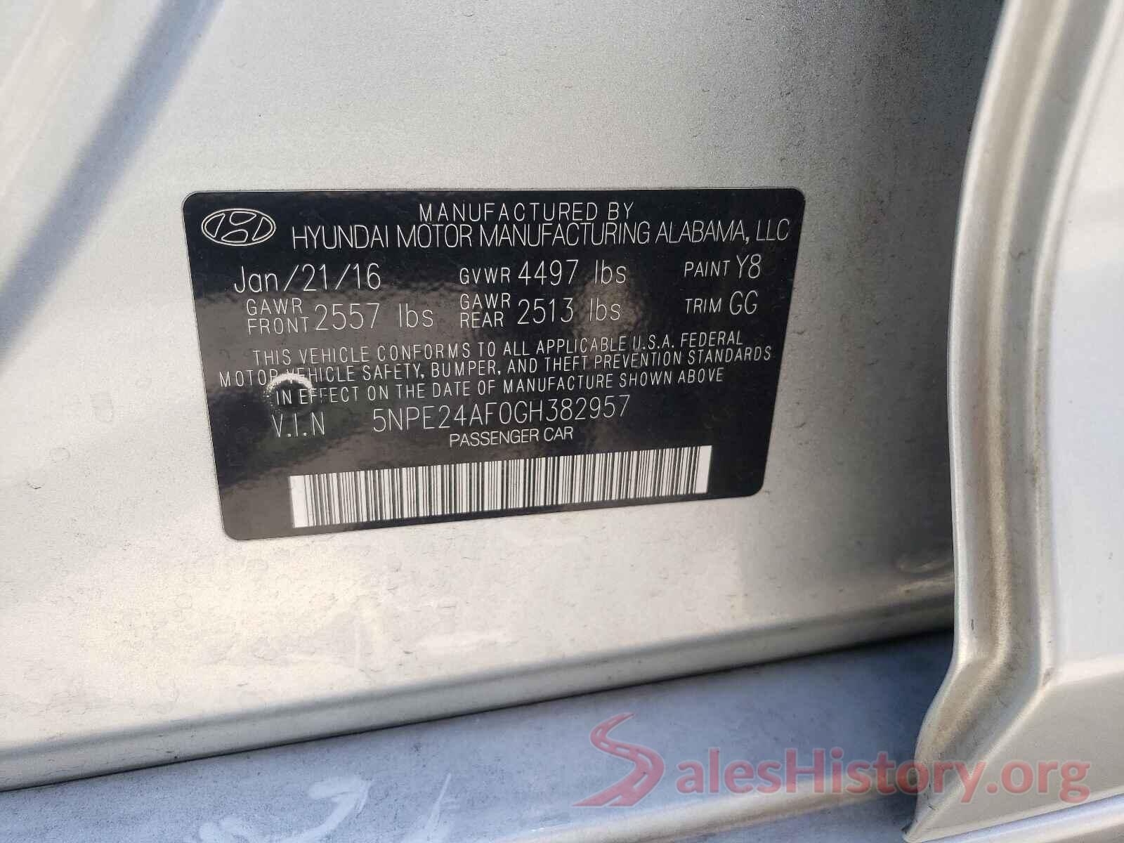 5NPE24AF0GH382957 2016 HYUNDAI SONATA