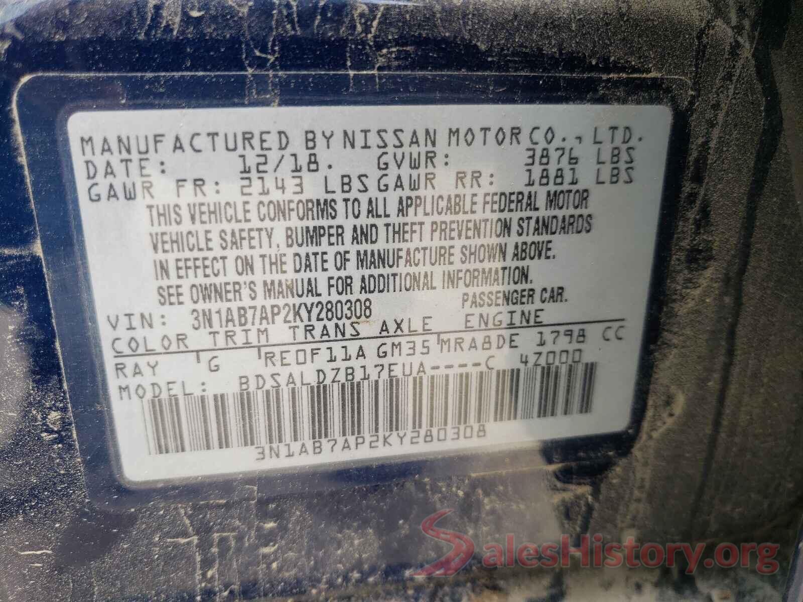 3N1AB7AP2KY280308 2019 NISSAN SENTRA