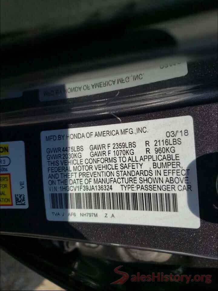 1HGCV1F39JA136324 2018 HONDA ACCORD