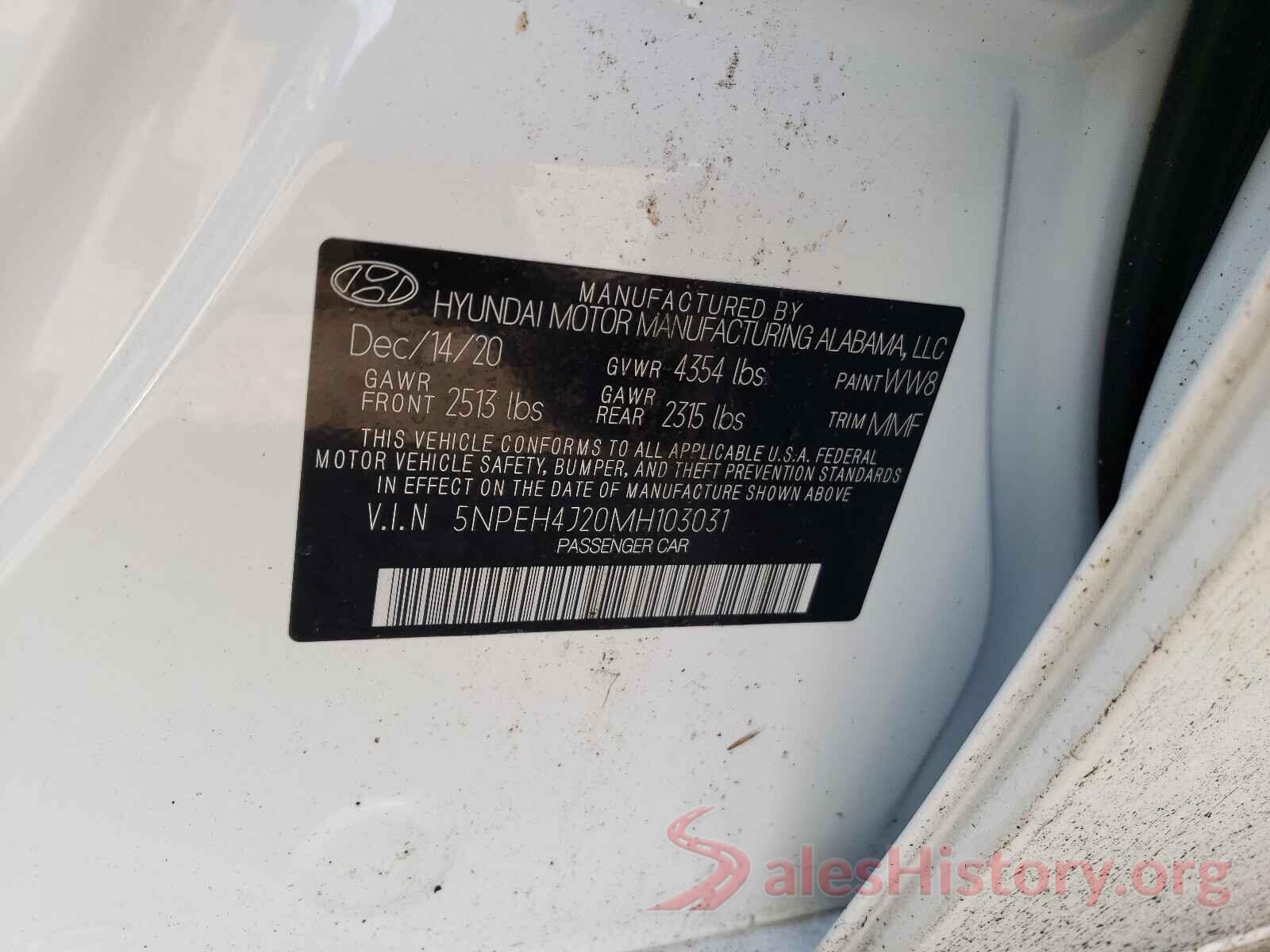 5NPEH4J20MH103031 2021 HYUNDAI SONATA