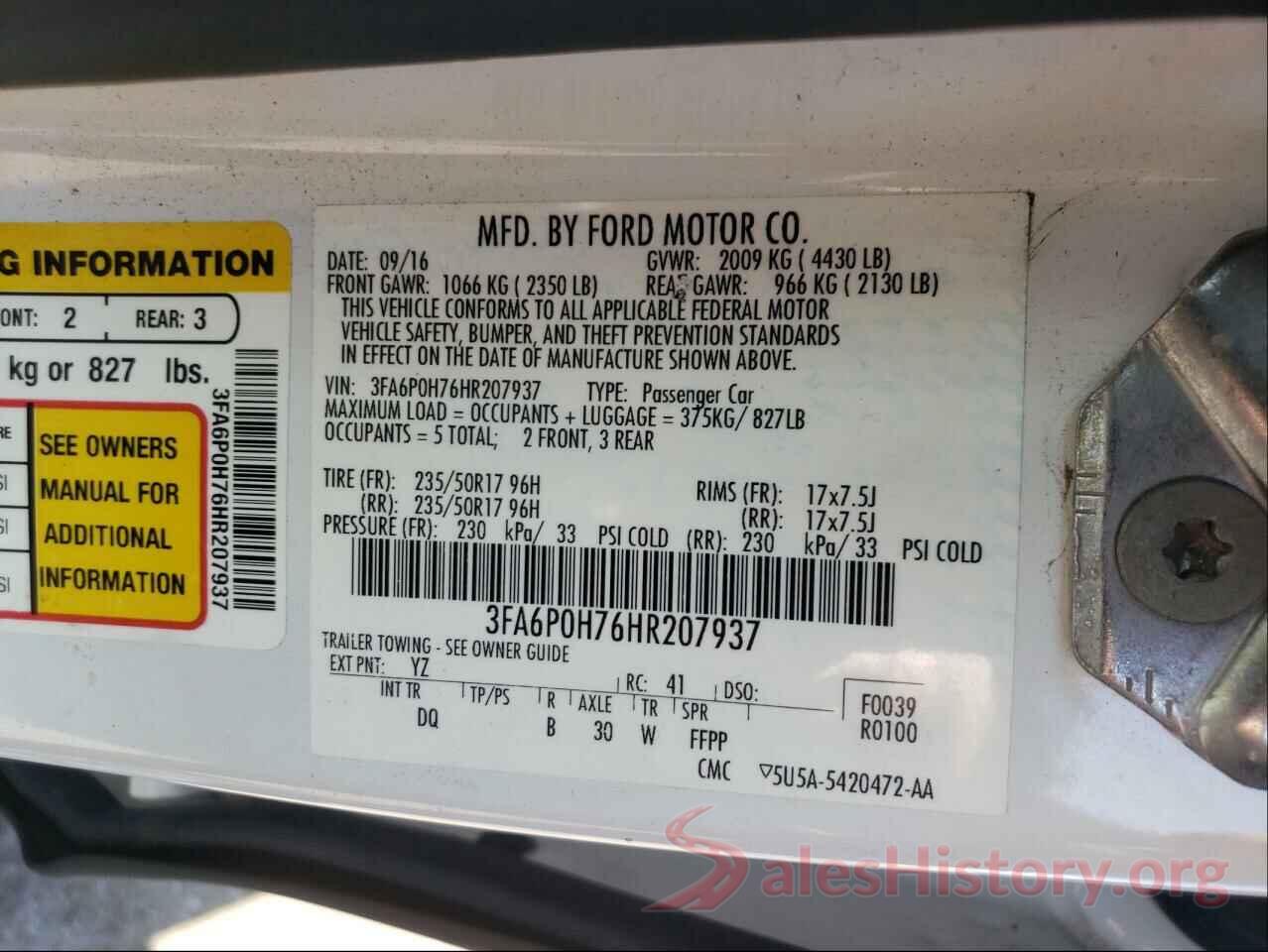 3FA6P0H76HR207937 2017 FORD FUSION