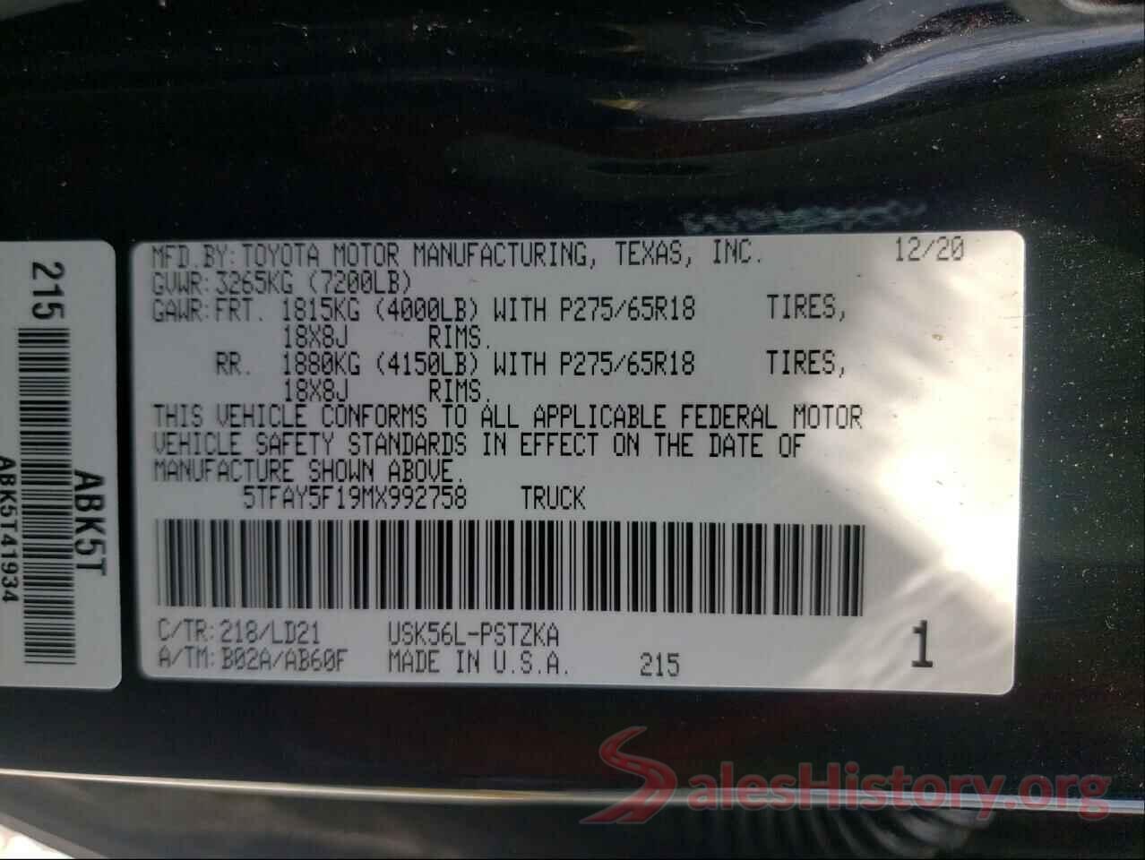 5TFAY5F19MX992758 2021 TOYOTA TUNDRA