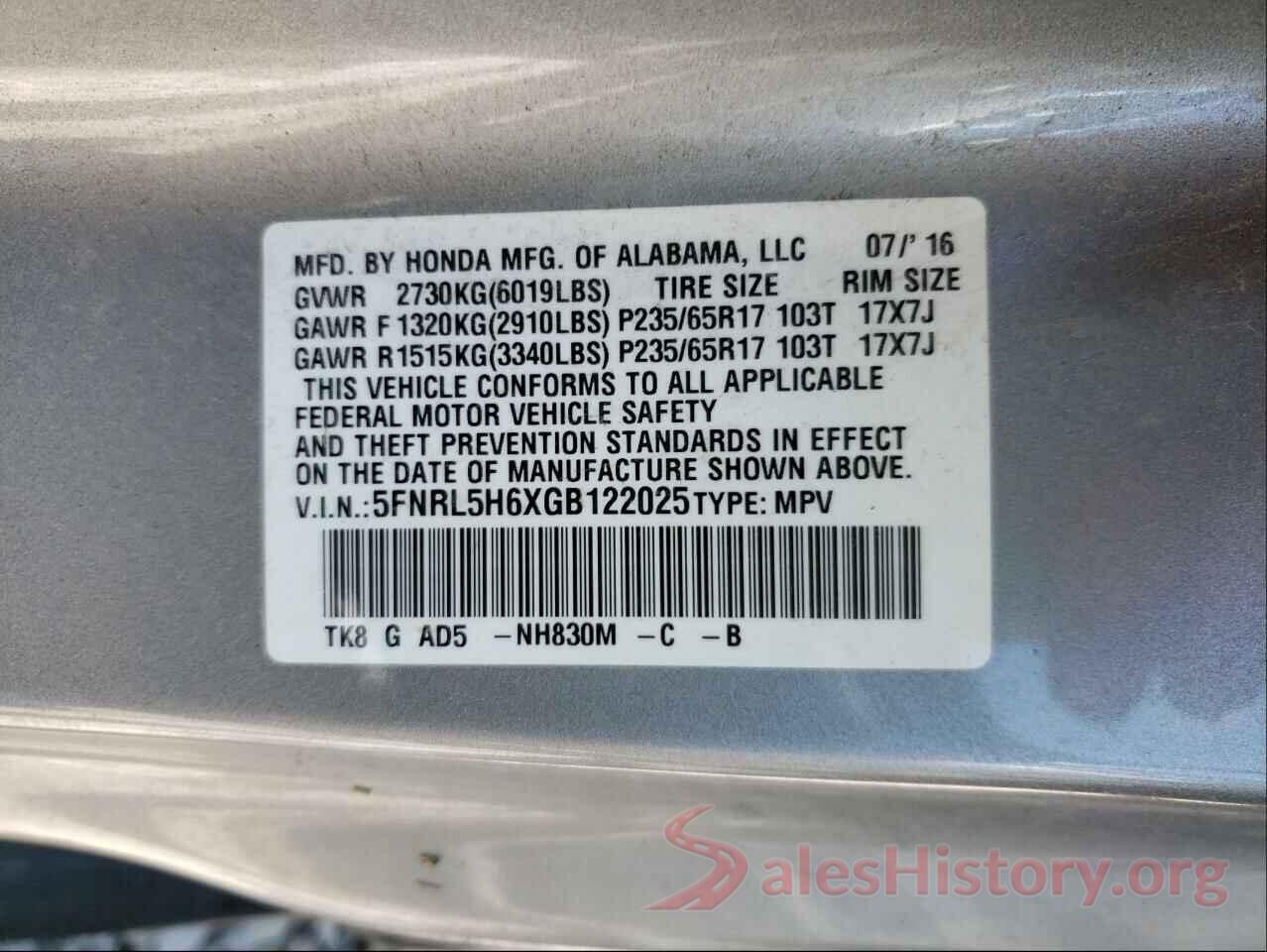 5FNRL5H6XGB122025 2016 HONDA ODYSSEY