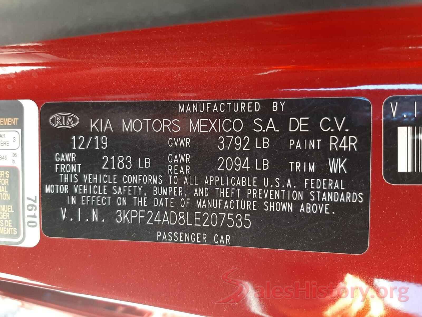 3KPF24AD8LE207535 2020 KIA FORTE