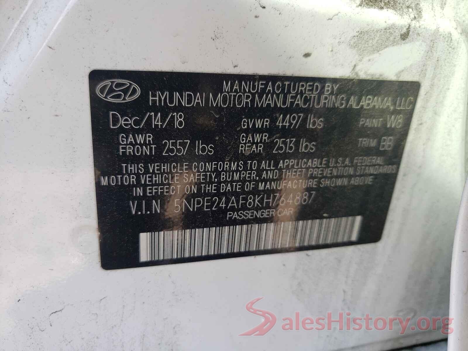 5NPE24AF8KH764887 2019 HYUNDAI SONATA