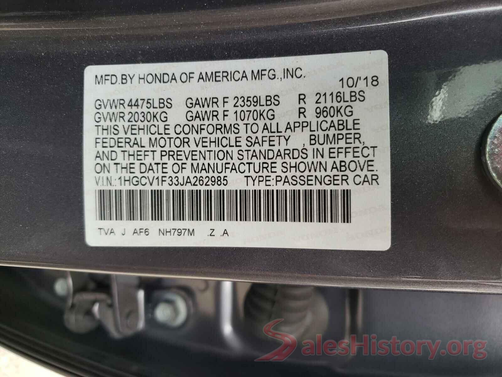 1HGCV1F33JA262985 2018 HONDA ACCORD