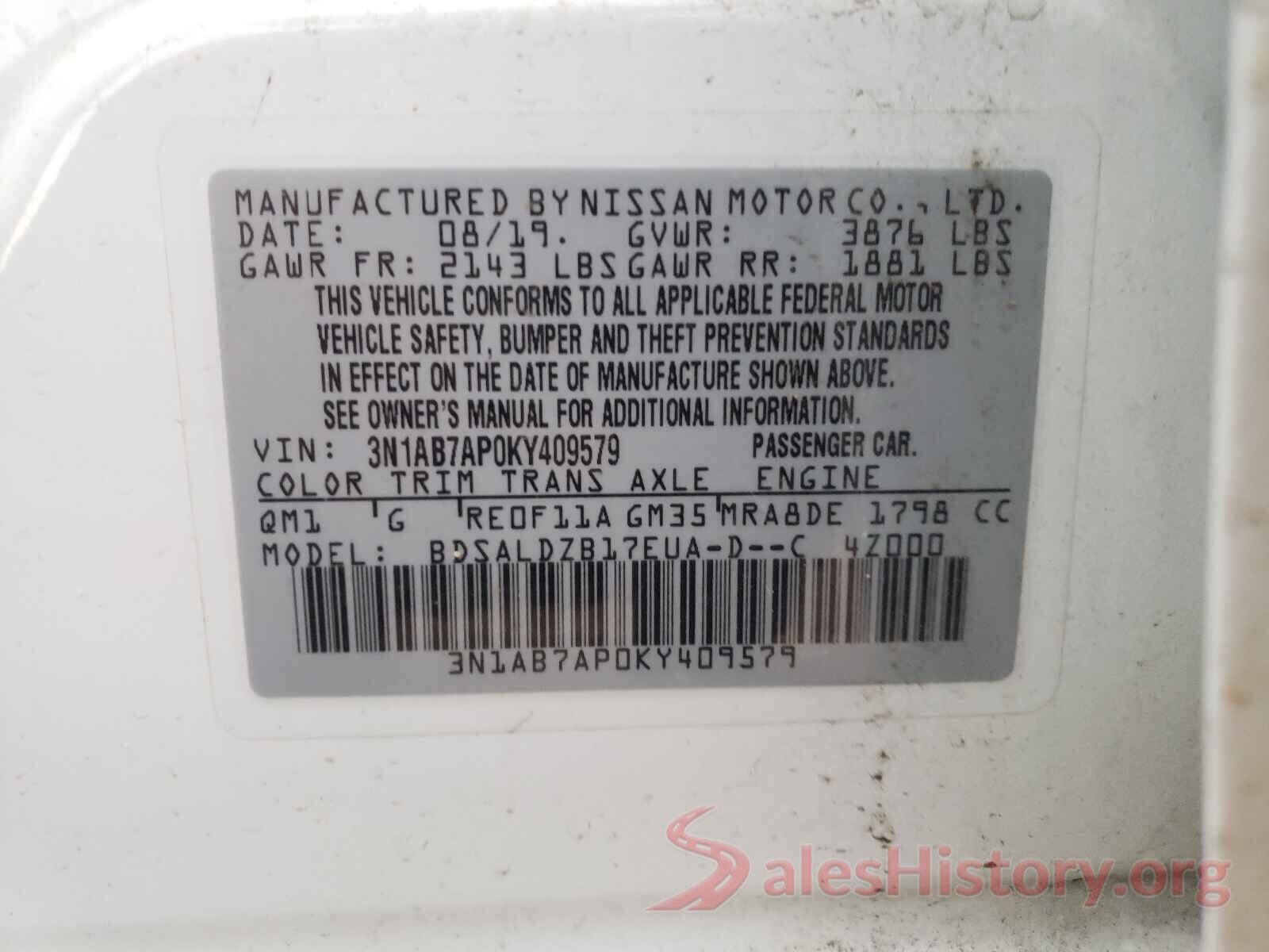 3N1AB7AP0KY409579 2019 NISSAN SENTRA