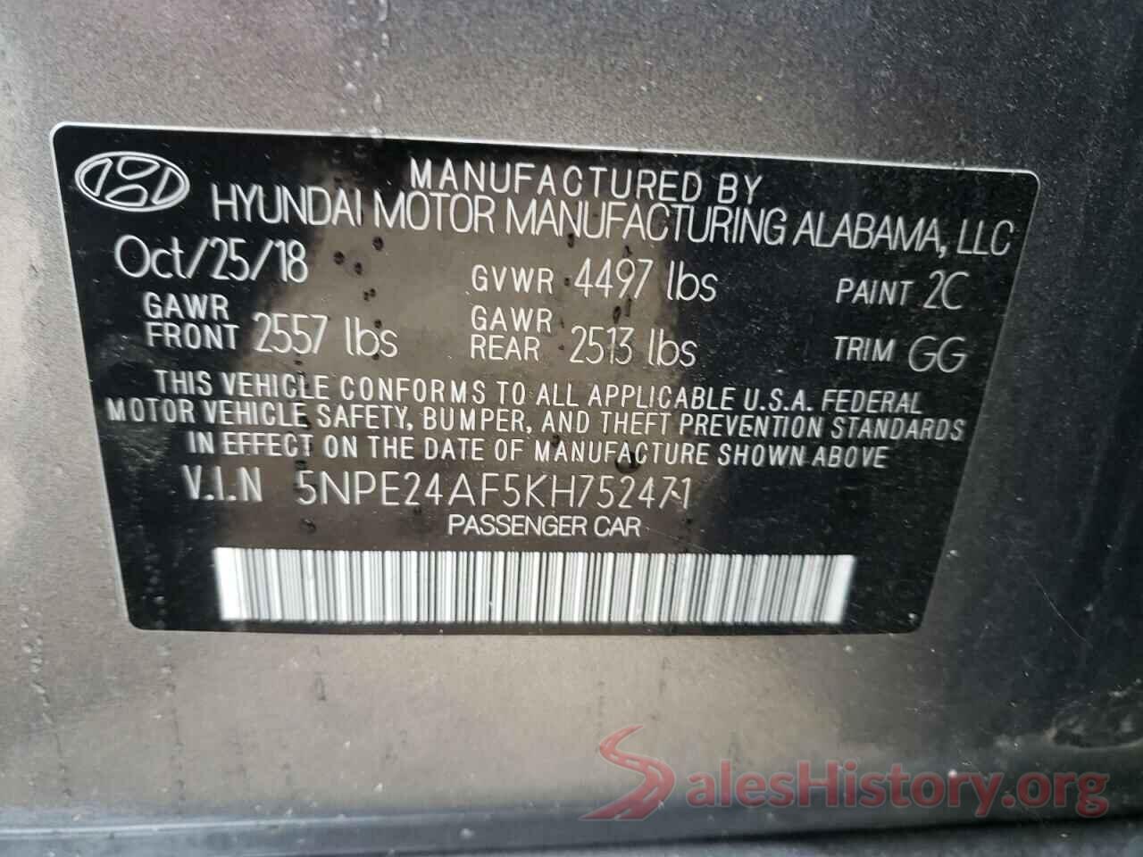 5NPE24AF5KH752471 2019 HYUNDAI SONATA