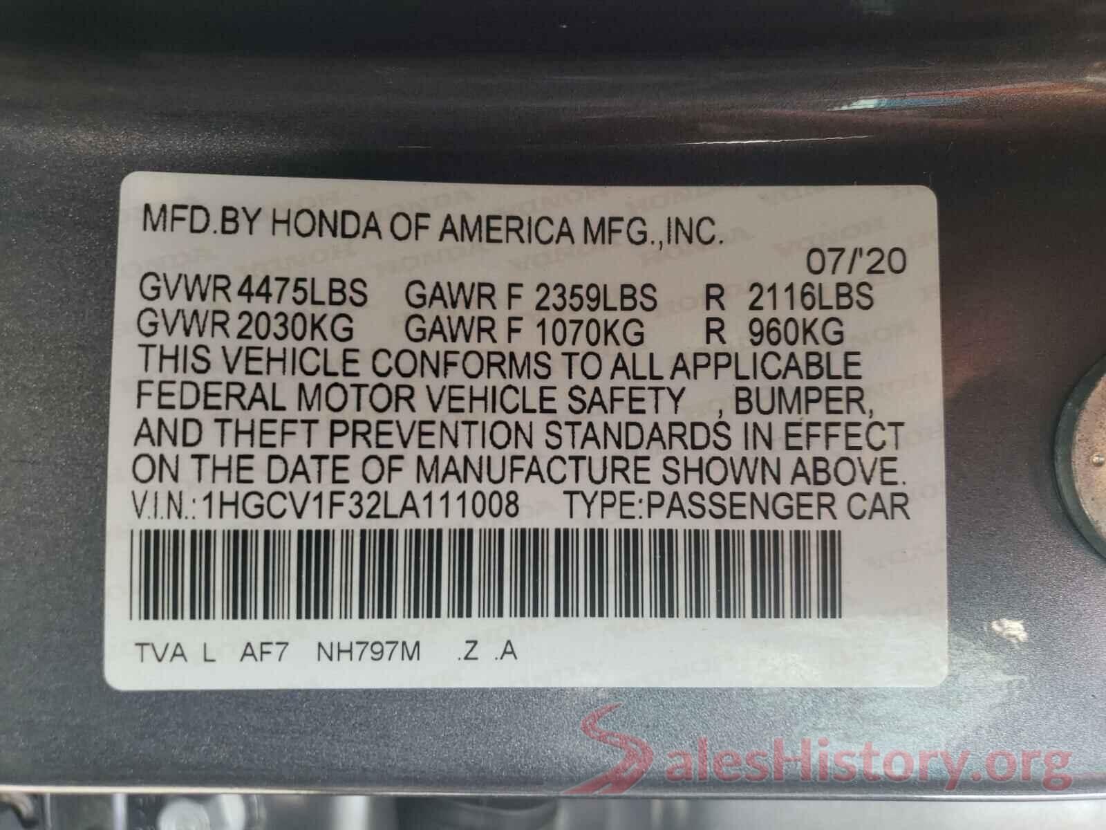 1HGCV1F32LA111008 2020 HONDA ACCORD