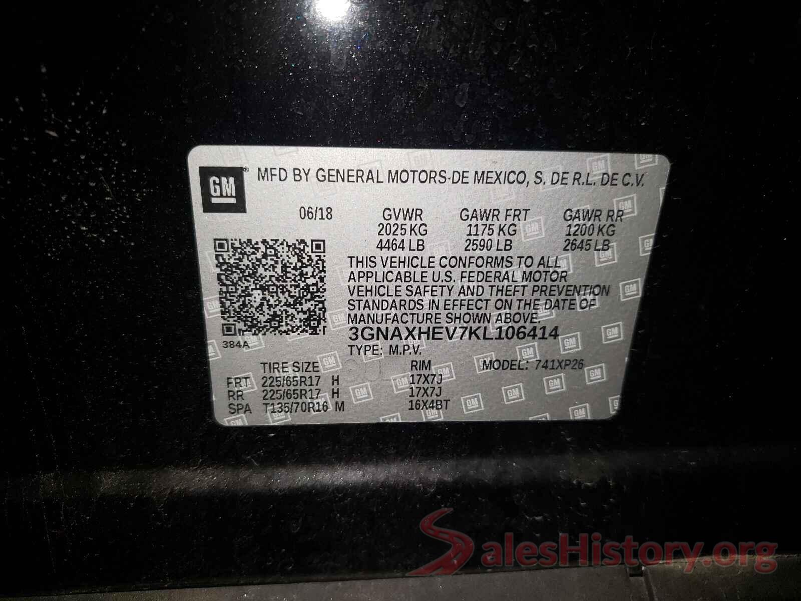 3GNAXHEV7KL106414 2019 CHEVROLET EQUINOX