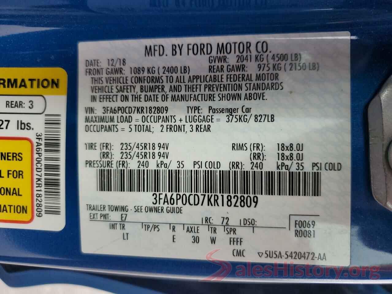 3FA6P0CD7KR182809 2019 FORD FUSION