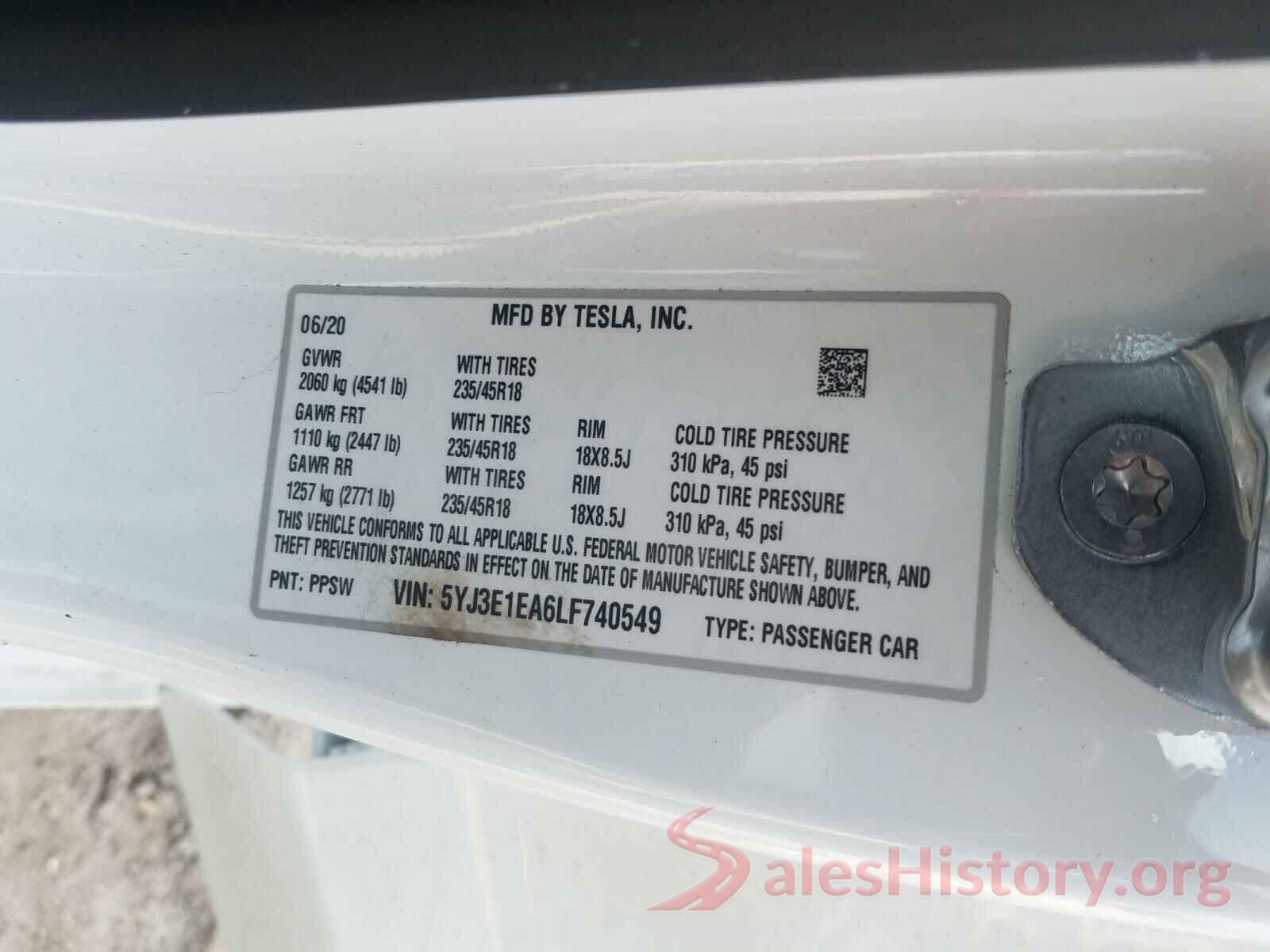 5YJ3E1EA6LF740549 2020 TESLA MODEL 3