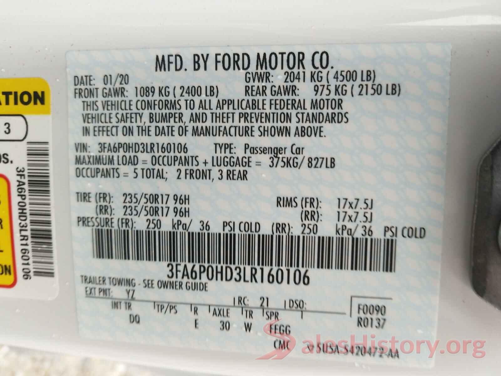 3FA6P0HD3LR160106 2020 FORD FUSION