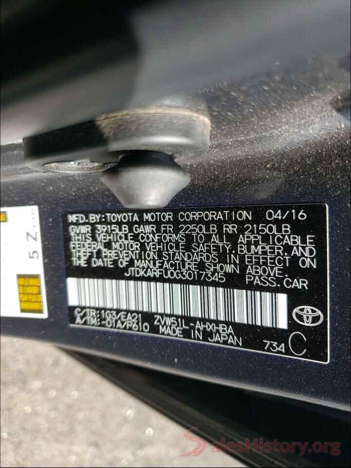 JTDKARFU0G3017345 2016 TOYOTA PRIUS