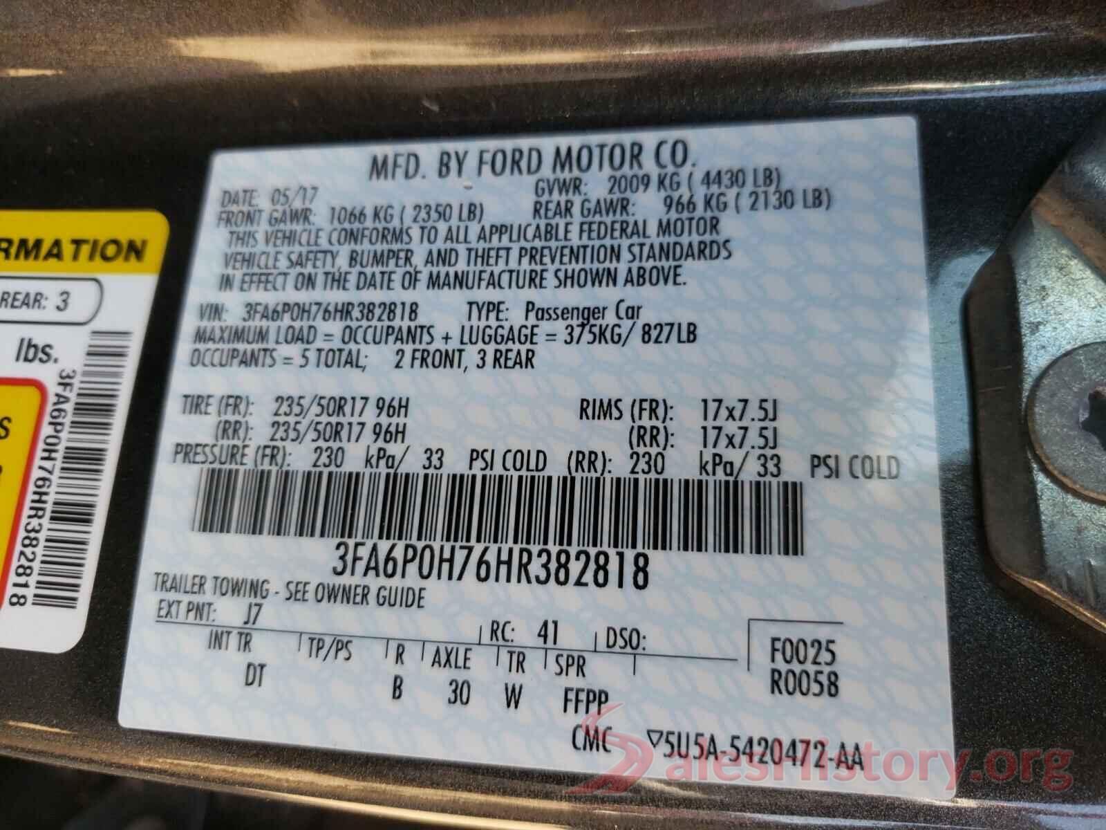 3FA6P0H76HR382818 2017 FORD FUSION